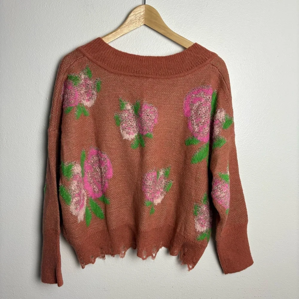 Anthropologie Floral Distressed Drop Shoulder Sweater Size Small - Picture 9 of 15